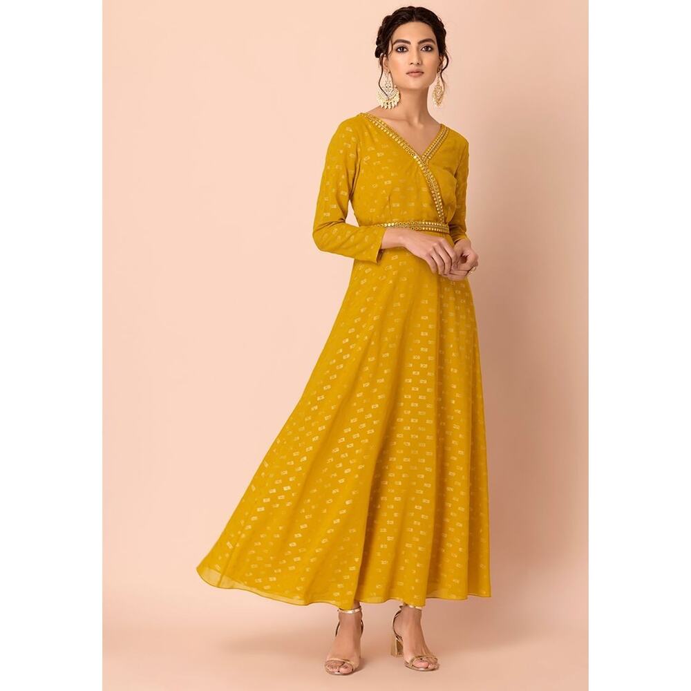 House Of Indya Foil Mirror Work Angrakha Kurta Yellow - S